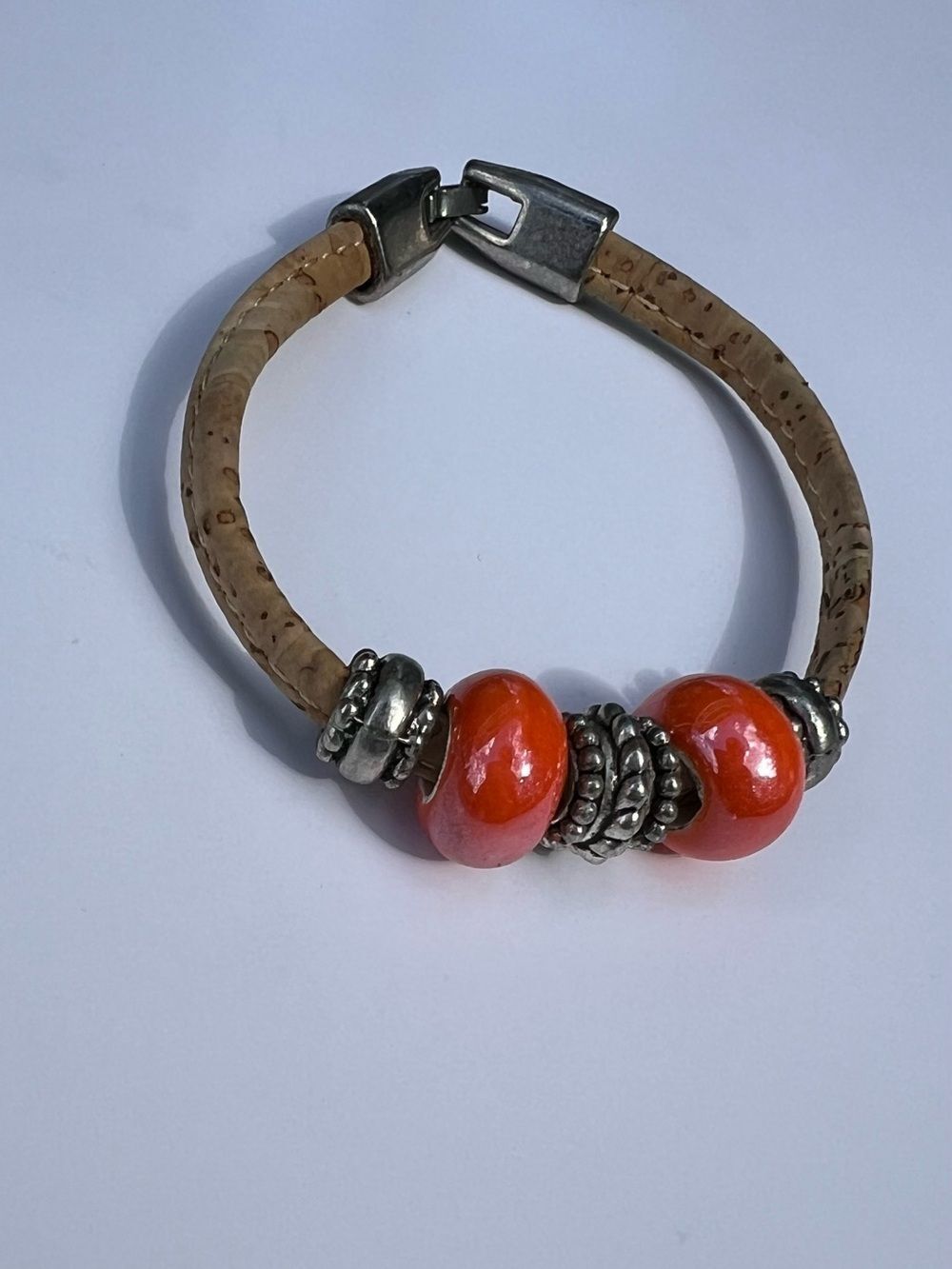 Cork Bracelet with Bright Orange Glass Beads and Silver Accents